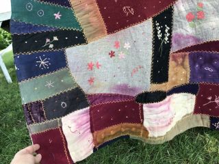 Wool Quilt 1910 Crazy Patchwork Hand Embroider Antique Carriage Blanket Cutter