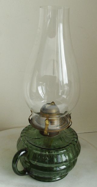 Antique Hand Oil Lamp British Made With Green Glass Base.  29.  5cm Tall
