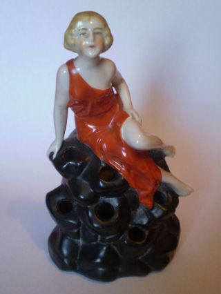 Stunning Art Deco Ceramic Lady In A Red Dress Flower Frog