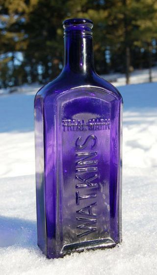 LARGE antique WATKINS bottle PRETTY PURPLE PANELED Patent medicine 2