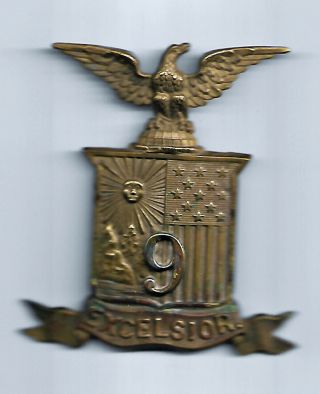 U.  S.  Military Indian War York State Eagle Excelsior Brass Hat Plate 9th Reg.