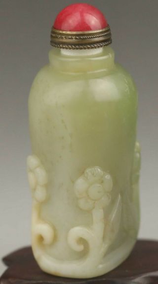 Chinese Old Natural Hetian Jade Hand - Carved Statue Flower Snuff Bottle 3.  1 Inch