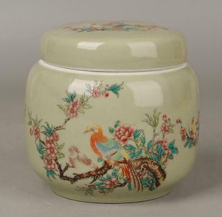 China Old Famille Rose Porcelain Yellow Warbler Tea Can \guangxu Mark C01