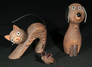 Vintage Mcm Hand Carved Cat Dog Mouse Set Figures Cryptomeria Japan Kitty Danish