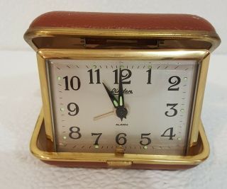 Clock Vintage Linden Windup Travel Alarm Clock Hard Brown Leather Case
