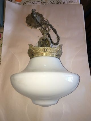 Antique Art Deco Milk Glass Globe Ceiling Light Fixture 14” Cast Metal