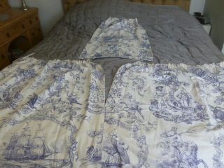 Vintage French country style blue Toile de Jouy small lined curtains or fabric 4