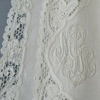 5 Fine French Linen 26 " Napkins W Renaissance Lace,  Hand Embroidered Monogram