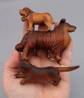 3 Antique Hand Carved Folk Art Wood Sculptures Collie Dog,  Kitten & St Bernard