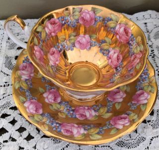 Gold Vintage Queen Anne Tea Cup Saucer Cabbage Rose Bone China Heavy Gold