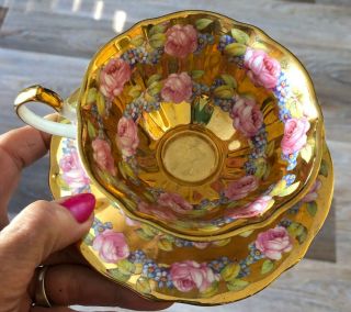 GOLD Vintage QUEEN ANNE Tea Cup Saucer CABBAGE ROSE Bone China Heavy Gold 3