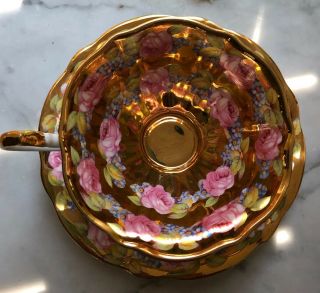 GOLD Vintage QUEEN ANNE Tea Cup Saucer CABBAGE ROSE Bone China Heavy Gold 4