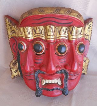 Wooden Carved Triple Faced Evil Devil Demon Mask