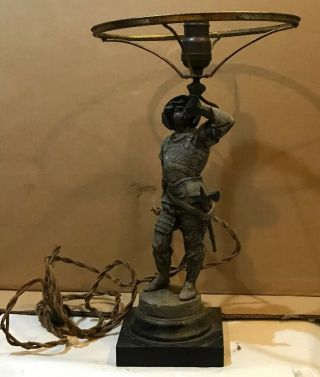 Antique Spelter Bronze Copper Knight Conquistador Statue Man Lamp