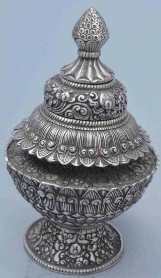 China Collectable Old Miao Silver Carve Tibetan Flower Auspicious Tower Old Box