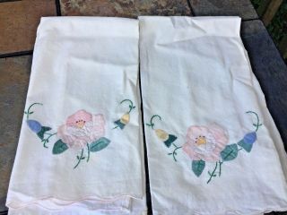 Vintage Hand Embroidery Tea Towels Rose & Morning Glory Set Of 2 Unique ❤️j8