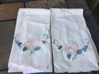 Vintage Hand Embroidery TEA TOWELS Rose & Morning Glory SET of 2 UNIQUE ❤️j8 2