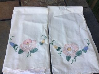 Vintage Hand Embroidery TEA TOWELS Rose & Morning Glory SET of 2 UNIQUE ❤️j8 3