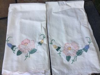 Vintage Hand Embroidery TEA TOWELS Rose & Morning Glory SET of 2 UNIQUE ❤️j8 4