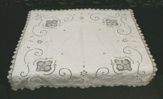 Antique Filet Lace And Embroidered Linen Square Table Cloth 35 Inches
