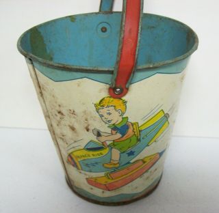 Vintage Chein Tin Sand Pail Toy - Carnival Roller Coaster Space Rocket Horse