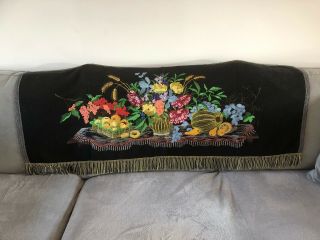 Vintage Black Floral & Fruit Design Sofa Settee Back Cover Tapestry Embroidered