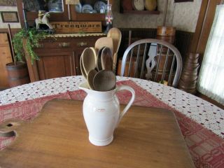 Primitive Rustic Looking White Pottery Pitcher W/13 Vintage Wood Utensils