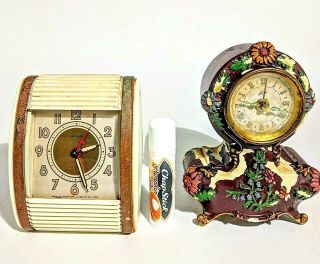 Vintage German Mini Wind Up Alarm Clocks Music Box Westclox Art Deco Mcm