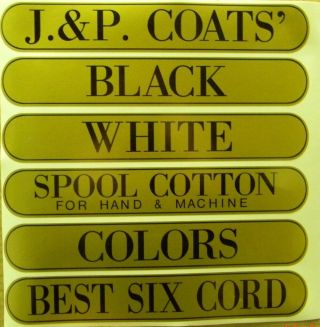 J & P Coats Spool Cabinet Decals 6 Piece Set / Black On Gold 9 1/2 X 1 11/16