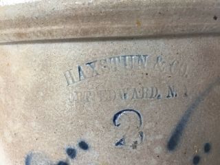 Antique / Vintage Haxstun & Co Fort Edward NY 2 Gallon Jug Stoneware Crock Blue 2