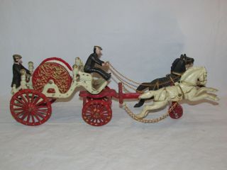 Vintage Cast Iron Twin Horse Drawn Fire Wagon With 2 Firemen 10 Pounds 20 " Long