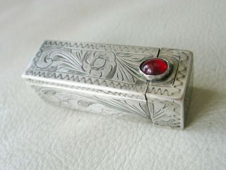 Antique Italian 800 Hand Engraved Silver Red Glass Jewel Lipstick Case Italy 3
