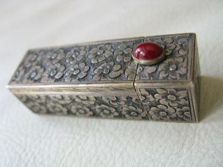 Antique Italian 800 Hand Engraved Silver Ruby Glass Jewel Lipstick Case Italy