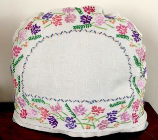 Vintage Hand Embroidered " Floral " Off White Linen Tea Cosy Cover