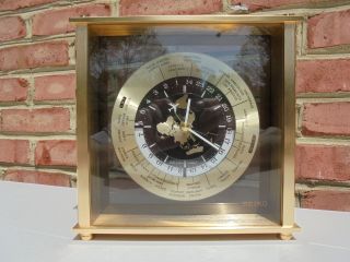 Vintage Seiko Brass World Time Mantel Clock 25 Time Zones Airplane Second Hand