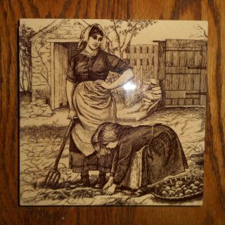 Antique Brown Transfer Ware Minton Tile - Woman & Girl - Signed W.  Wise 1800 