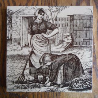 Antique Brown Transfer Ware MINTON Tile - WOMAN & GIRL - Signed W.  Wise 1800 ' s 2