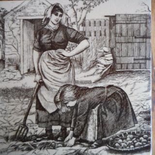 Antique Brown Transfer Ware MINTON Tile - WOMAN & GIRL - Signed W.  Wise 1800 ' s 3