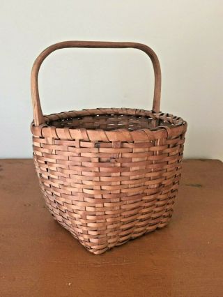 Small Early Antique Splint Oak Gathering Basket With Carved Handle