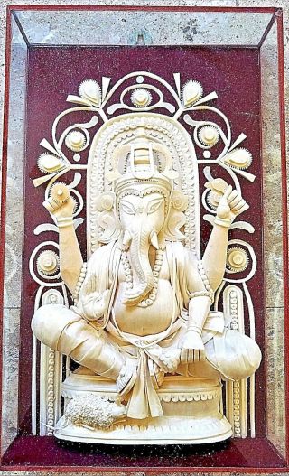 Vintage Carved Hindu Ganesha Sholapith Wood/glass Shadow Box Sculpture Figurine