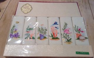 Boxed Set 6 Vintage Irish Linen Tea Napkins Embroidered Sea Scene Tropical Fish
