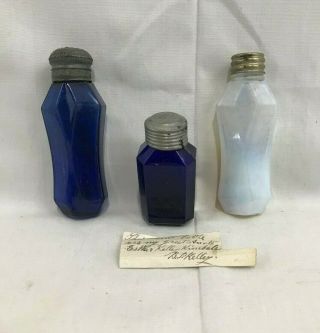 (3) Great Orig.  19thc Antique Cobalt & Clam Broth Perfume Scent Bottles W/ Note