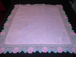 Stunning Vintage Pink Linen Tea Room Table Cloth - Lace Edged 40 " By 40 " - Roses