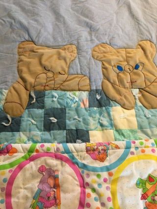 Vintage 80s Popples Teddy Bear Blanket Quilt Comforter Reversible Patchwork