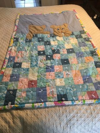 Vintage 80s Popples Teddy Bear Blanket Quilt Comforter Reversible Patchwork 4