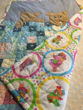 Vintage 80s Popples Teddy Bear Blanket Quilt Comforter Reversible Patchwork 6