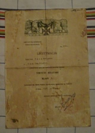 Ww1 - Ww2 Polish Poland Certificate Of Order Virtuti Militari V Class 1922 Year