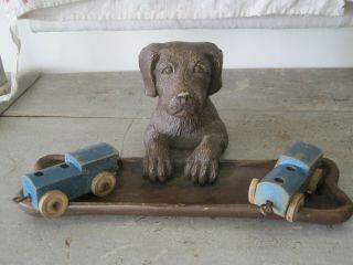 Vintage Primitive Dog Tray With The Dog Holding A Bone Shaped Tray Aafa