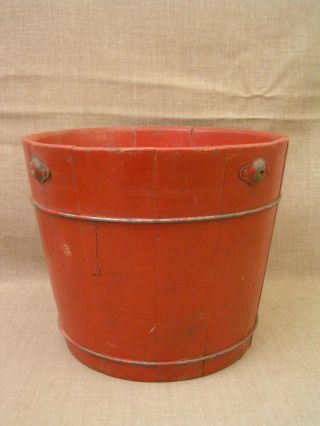 Antique Old Primitive Country Farm Oak Wooden Wood Red Painted Wire - Bound Bucket