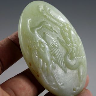 3  Chinese Hetian Green Jade Hand - Carved Red - Crowned Crane Statue Pendant 0453